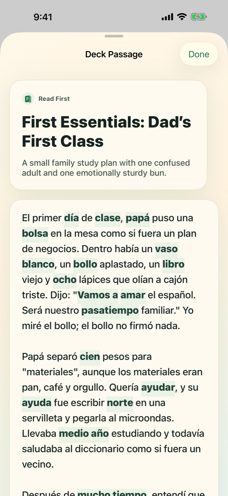Takeeto deck passage screen with highlighted Spanish focus items in a hand-authored reading.