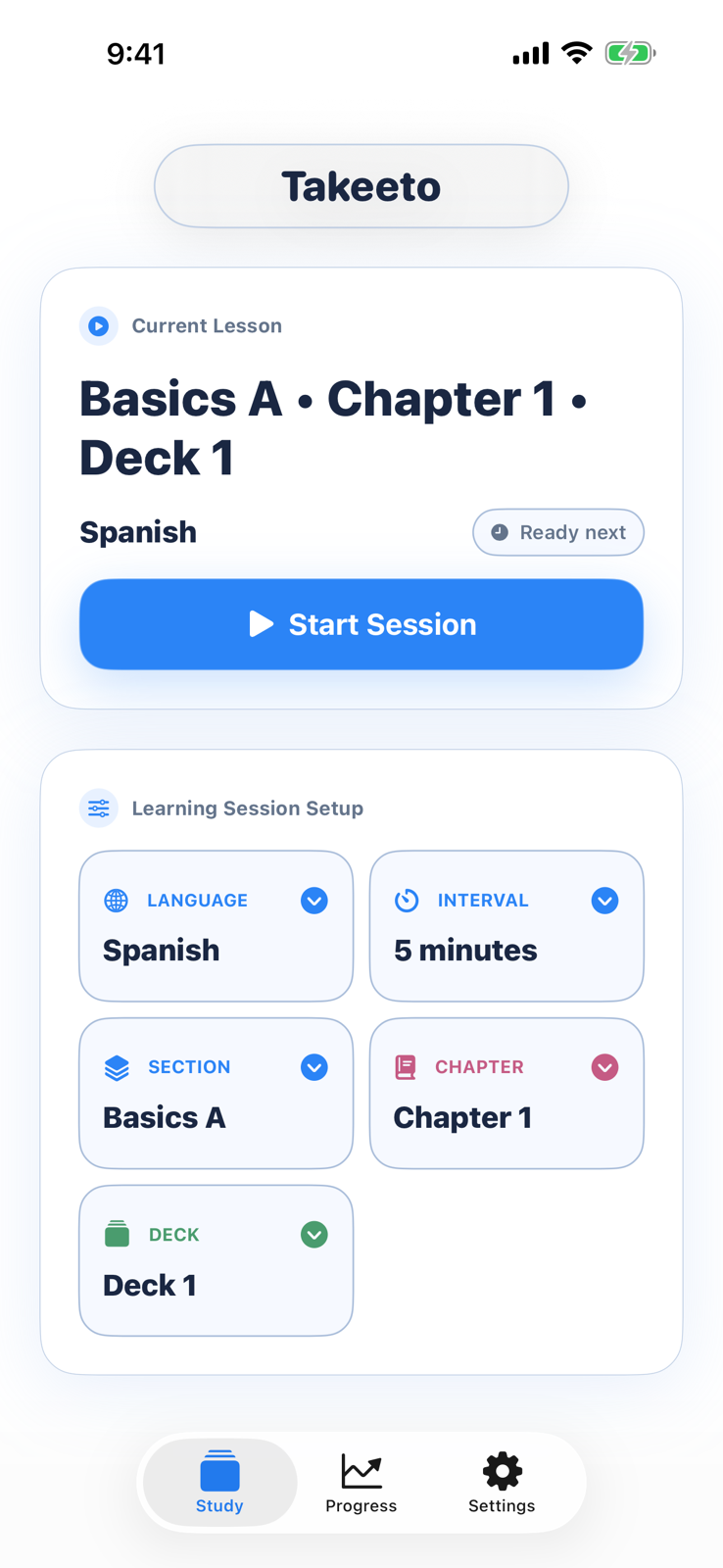 Takeeto study setup screen.