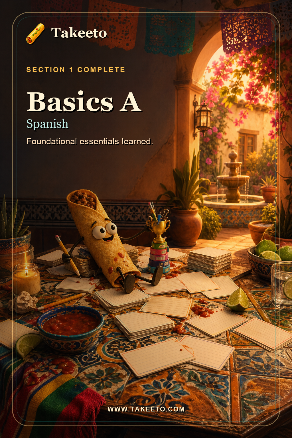 Takeeto Spanish Basics milestone share card.
